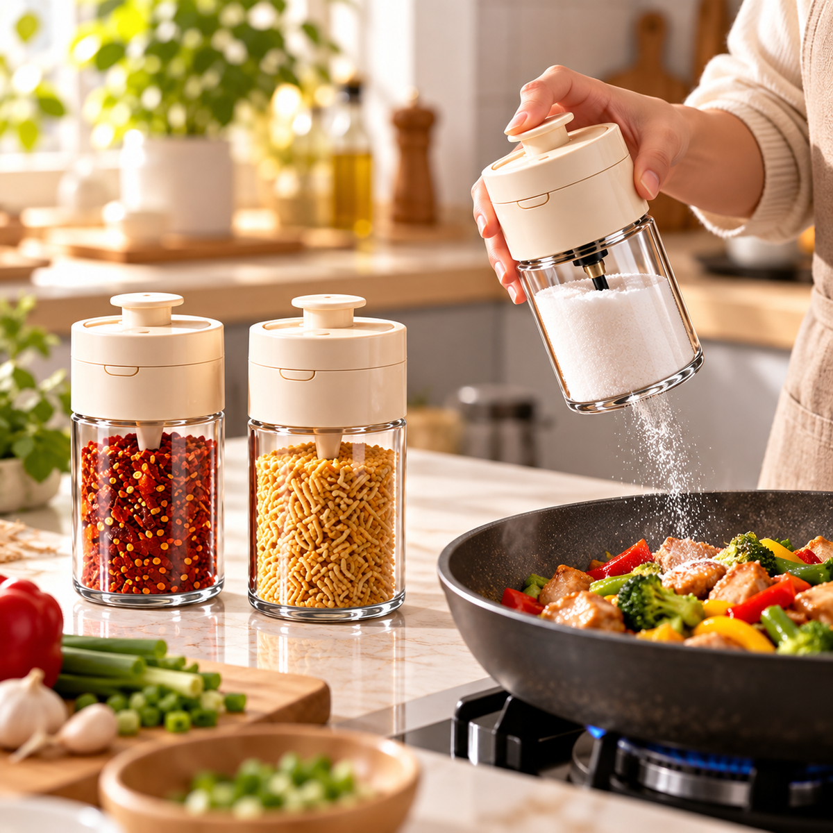 Press-to-Dispense Transparent Spice Storage Jar