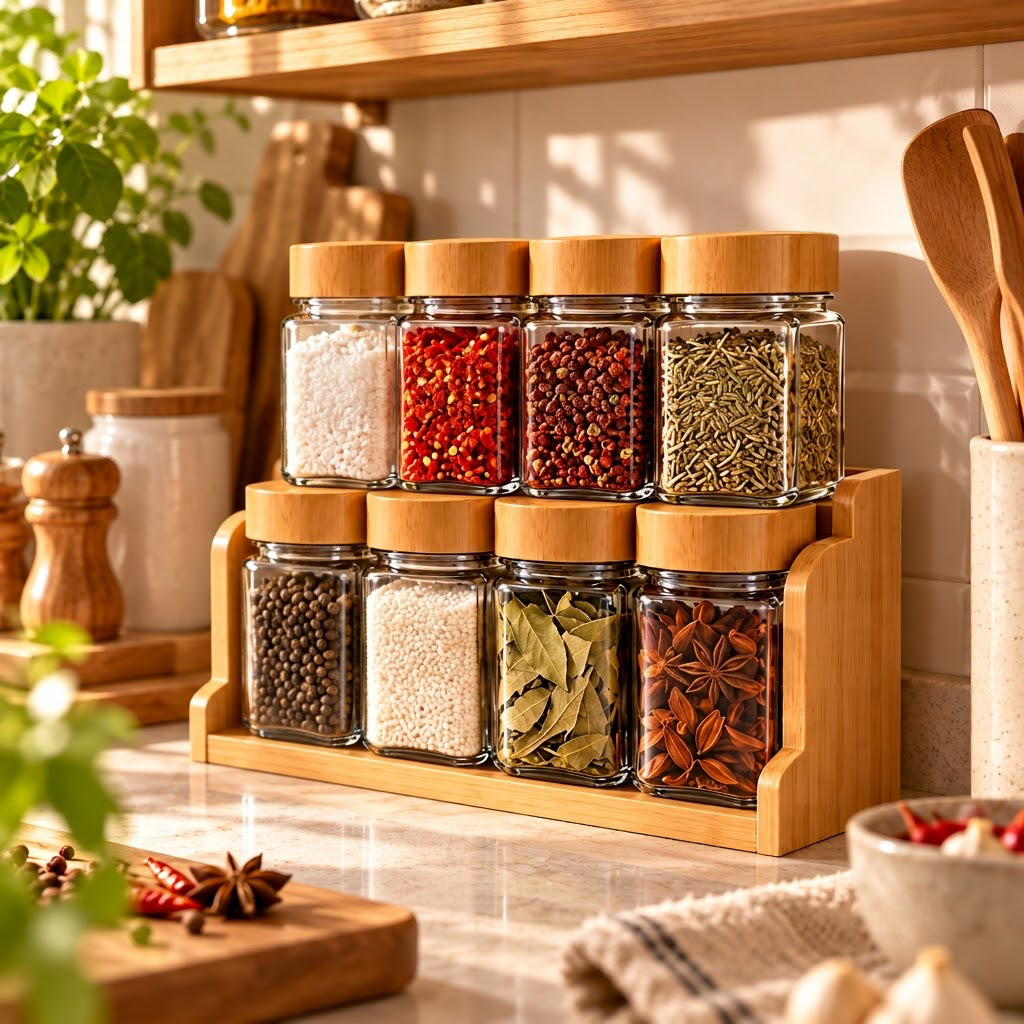 Bamboo-Lid Glass Spice Jar Organizer Set