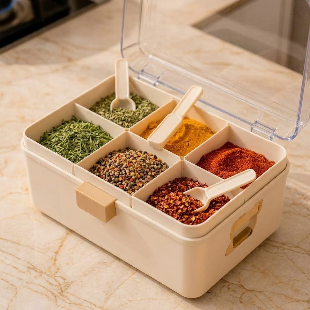 6-Compartment Clear-Lid Spice Organizer Box