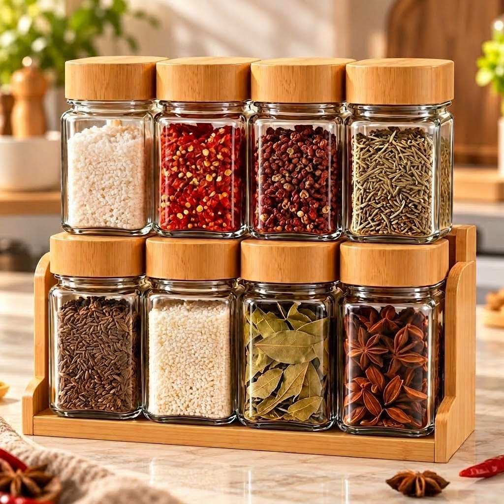 Bamboo-Lid Glass Spice Jar Organizer Set