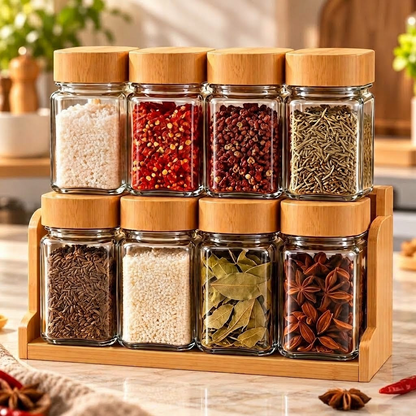 Bamboo-Lid Glass Spice Jar Organizer Set