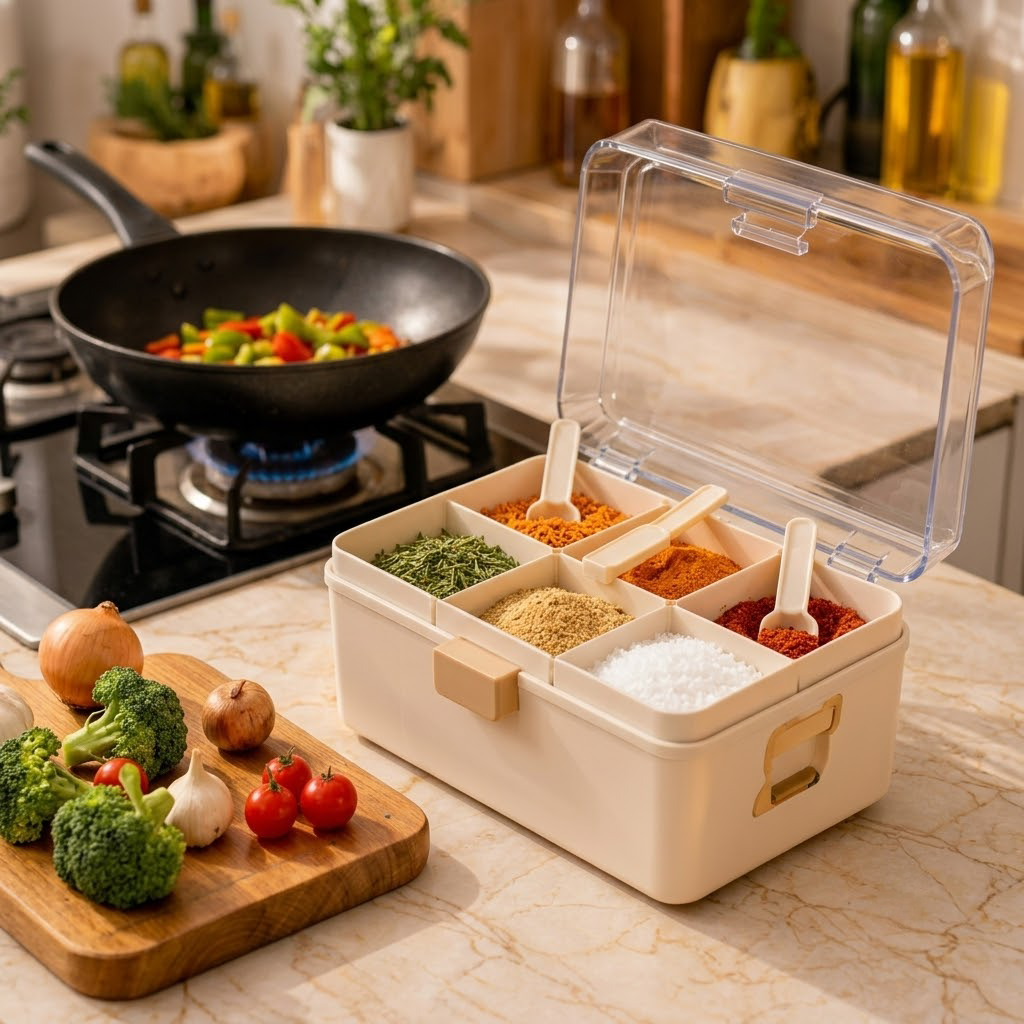 6-Compartment Clear-Lid Spice Organizer Box