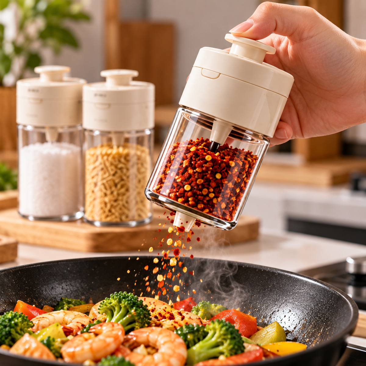 Press-to-Dispense Transparent Spice Storage Jar