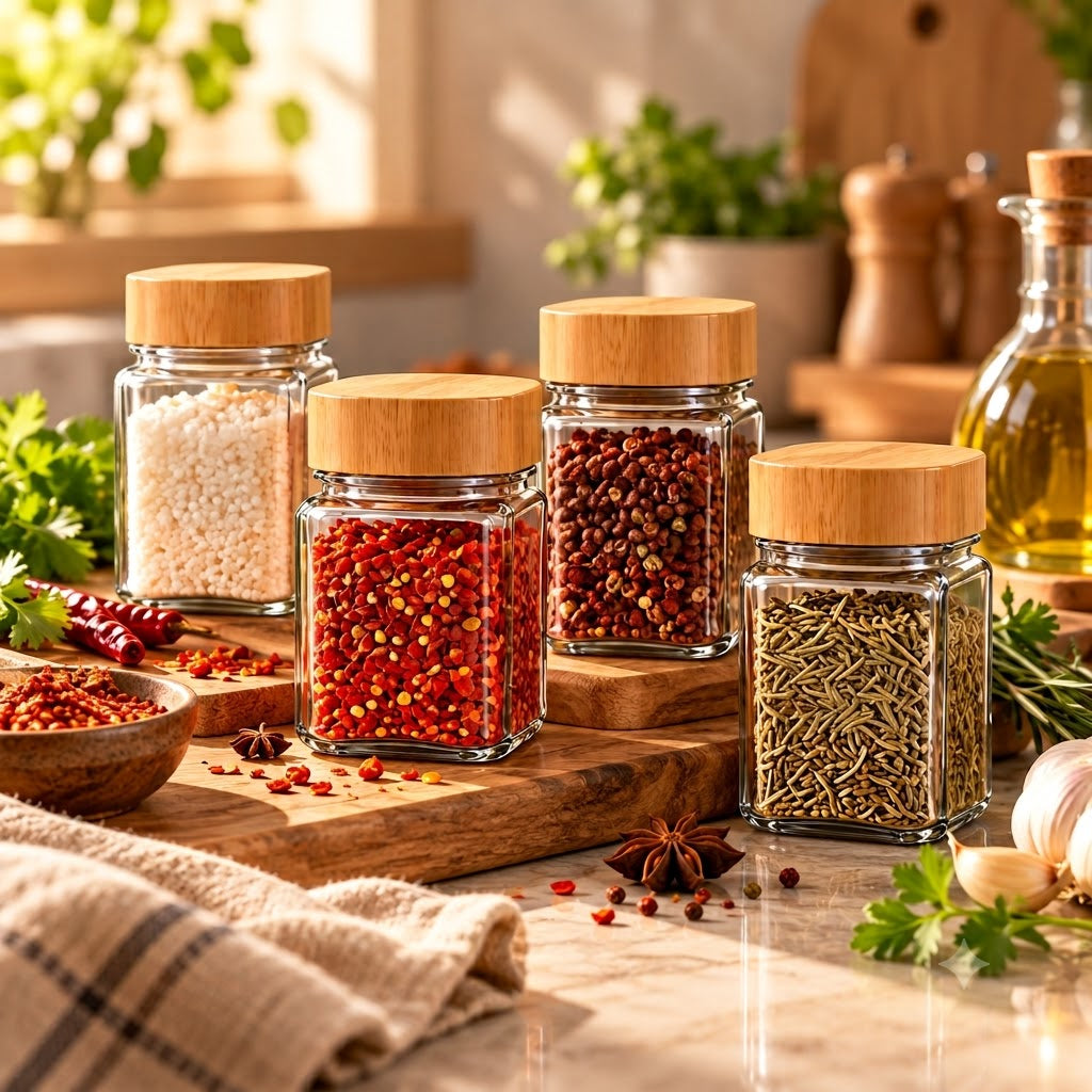 Bamboo-Lid Glass Spice Jar Organizer Set