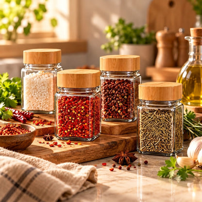 Bamboo-Lid Glass Spice Jar Organizer Set